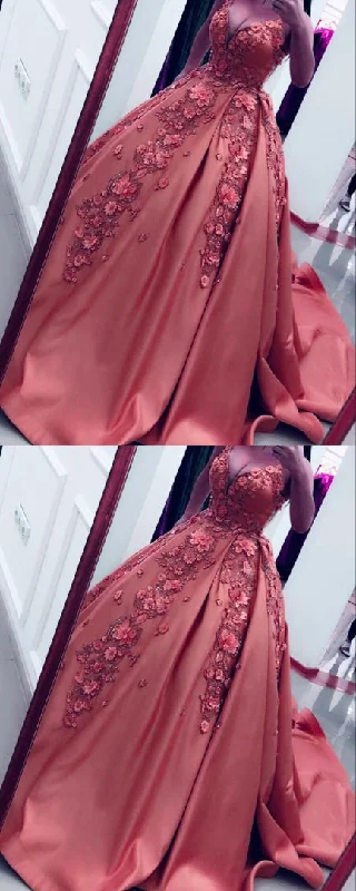 Peach Wedding Dresses Satin V-neck Ball Gowns Lace Flowers Embroidery prom dresses 2021   cg16415