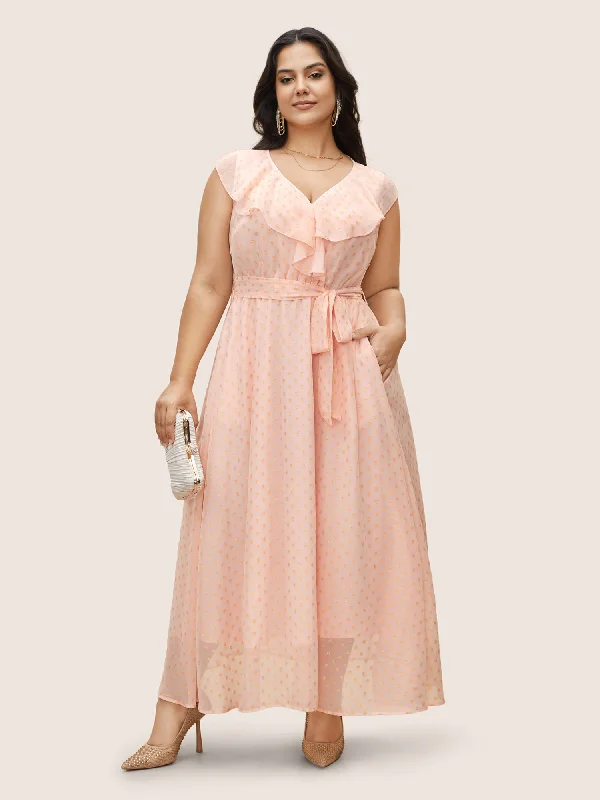 Polka Dot Ruffles Belted Sleeveless Dress