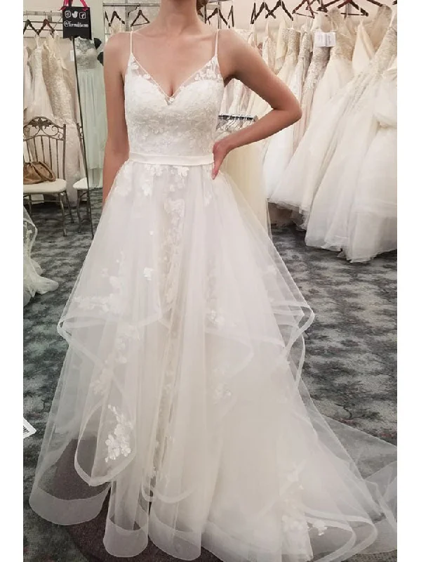 Popular Tulle Spaghetti Straps Neckline A-line Wedding Dresses With Appliques WD023 Popular Tulle Spaghetti Straps Neckline A-line Wedding Dresses With Appliques WD023