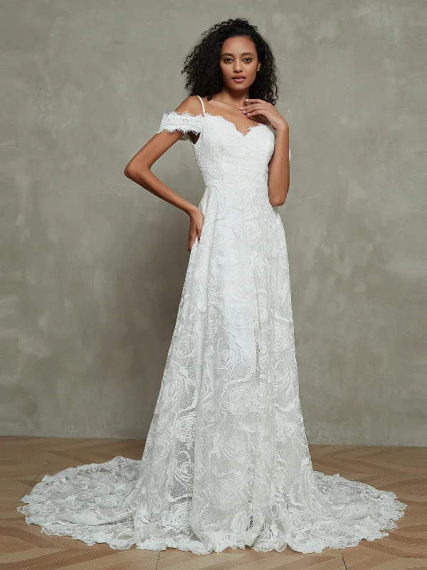 Princess Chapel Train Lace Boho Weddding Dresses-Ivory