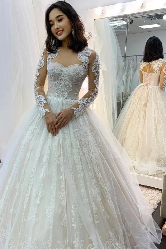 Princess Long Sleeves Tulle Lace Sweetheart Wedding Dresses , Ball Gown C1373
