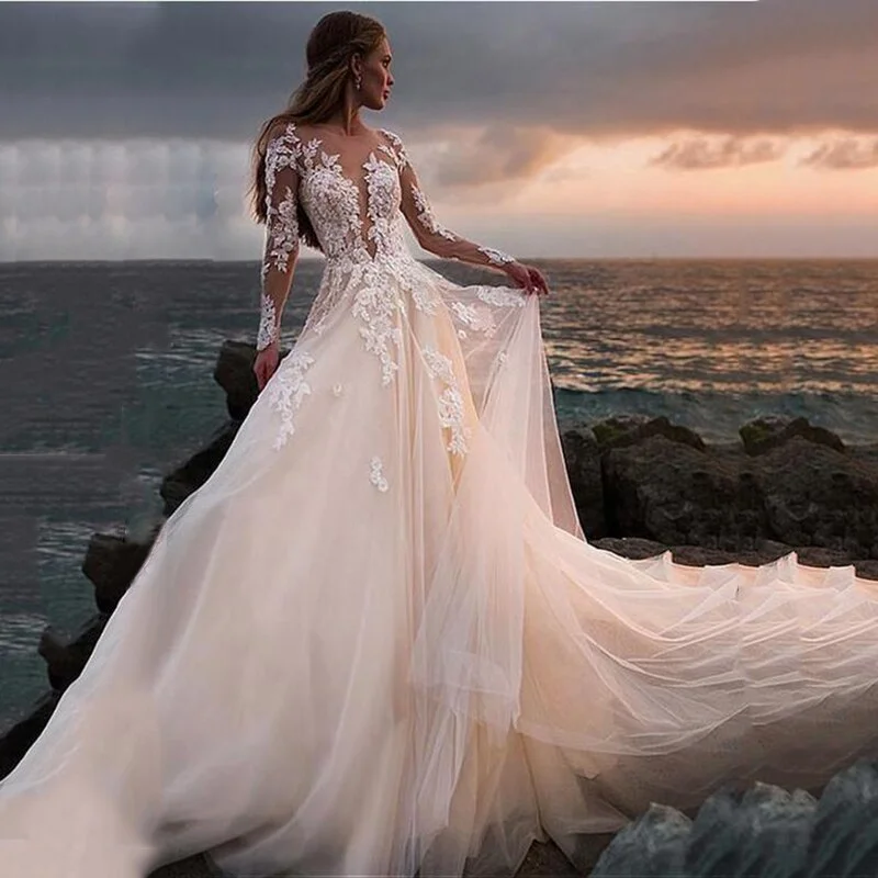 Princess Wedding Dress 2021 Illusion Long Sleeves Sheer Backless Lace  Ball Gown Wedding Gowns Boho Bridal Robe De Mariage
