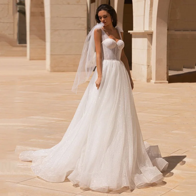 Princess Wedding Dress 2022 Sweetheart Glitter Tulle Bridal Dress Sweep Train Robe De Mariee Backless Customize Made Bride