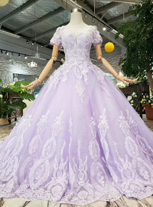 Purple Tulle Appliques Short Sleeve prom Wedding Dress With Beading cg2147