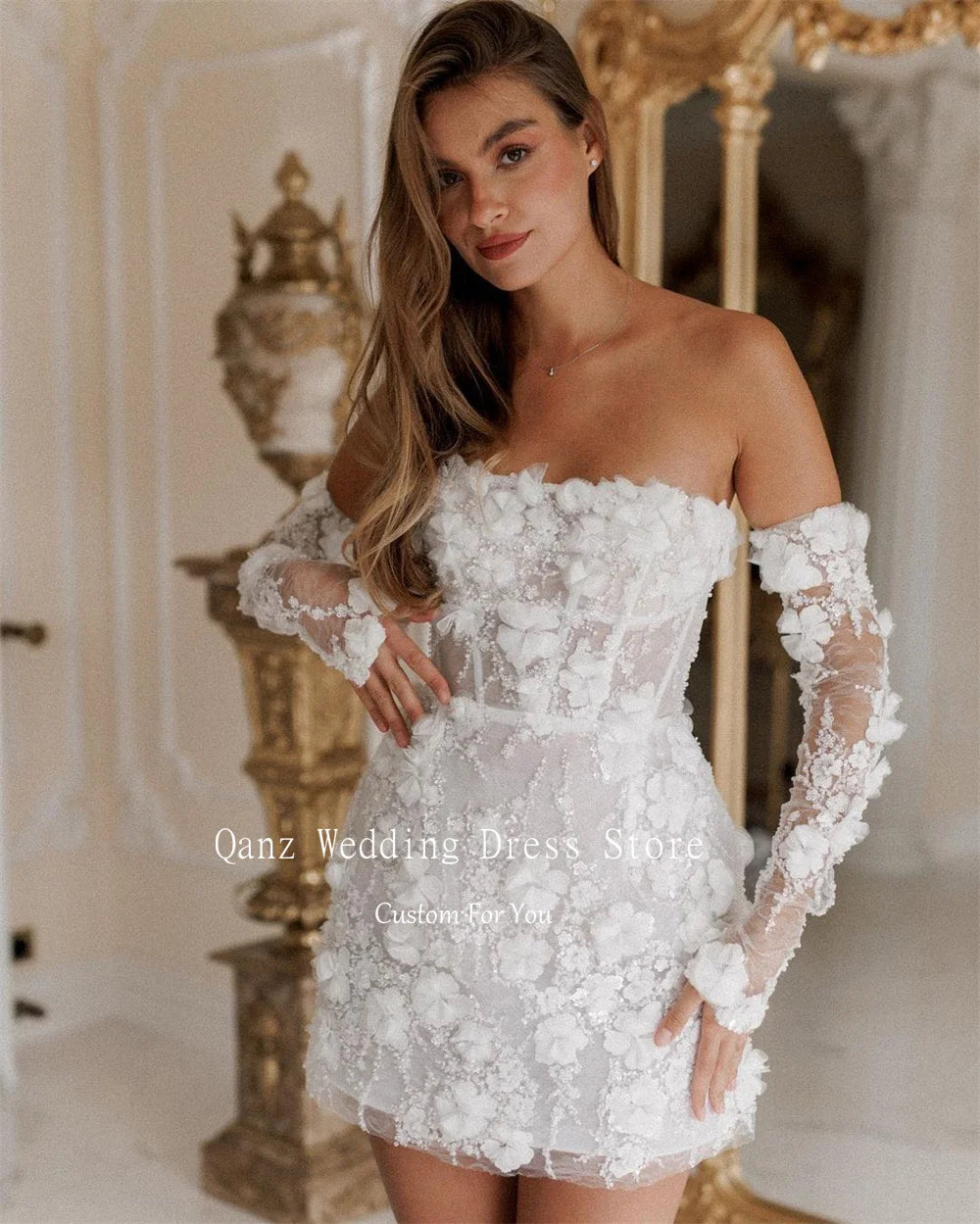 Cinessd Qanz Elegant Short Wedding Dresses White Flowers Mermaid Detachable Sleeves Vestidos De Novia Vestidos En Oferta Liquidación