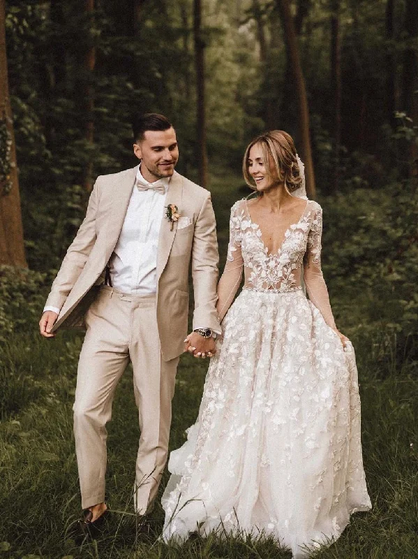 Romantic A-line Wedding Dresses With Long Sleeves Lace Bridal Gowns WD247