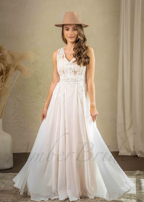 Rustic A Line Floral Wedding Dress with Flowy Chiffon Skirt
