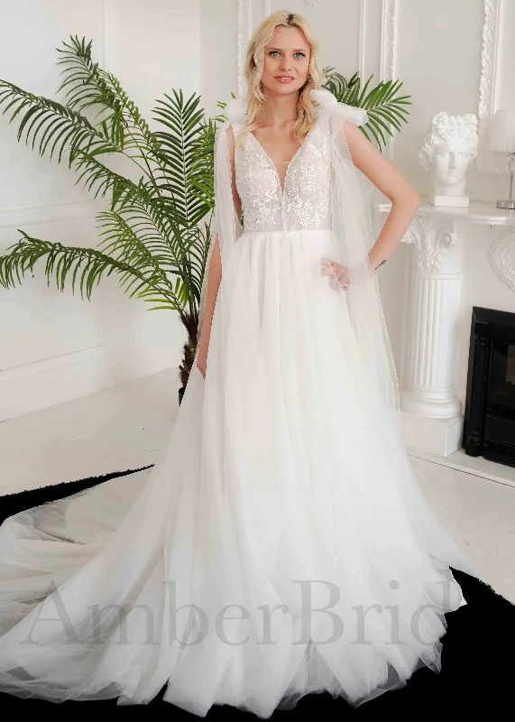 Rustic A Line Tulle Wedding Dress with Floral Lace Appliques and Backless Design