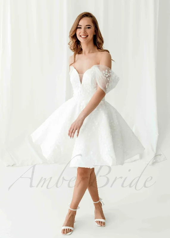 Rustic Knee Length Satin Dress with Off Shoulder Floral Design