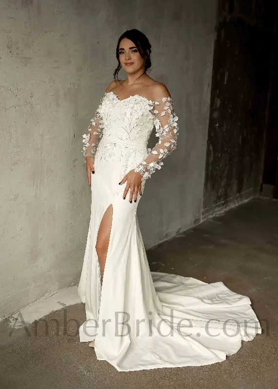 Rustic Mermaid Satin Wedding Dress with Long Sleeves and 3D Flower Appliques