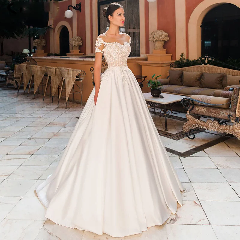 Cinessd Back to school outfit Satin A-Line Appliques Sweetheart Wedding Dresses Off Shoulder Button Backless Floor Length Bridal  Robe De Mariée Custom Made