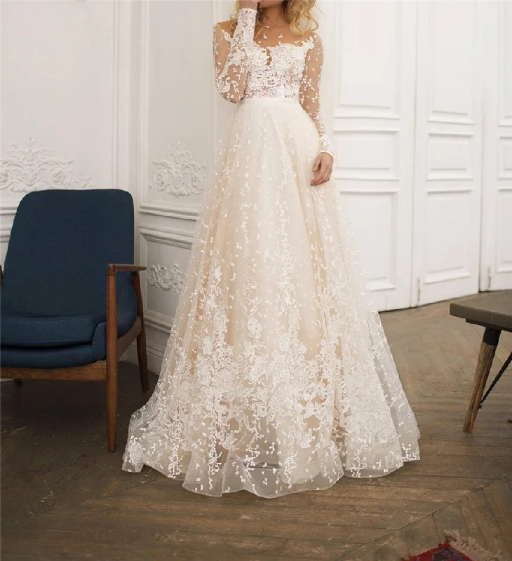 Cinessd Back to school outfit Scoop Scatted Lace Long Sleeves Champagne Wedding Dress Open Back Tulle Applique Fashion Bridal Dress Robe De Mariee Custom Made