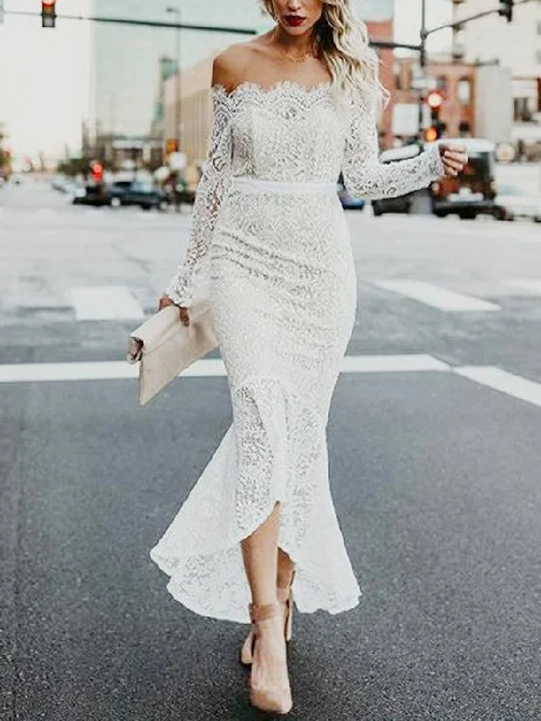 Sexy Lace Off-the-shoulder Neckline Hi-lo Mermaid Wedding Dresses WD161