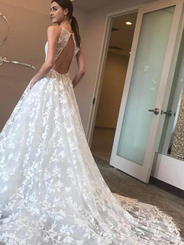 Sexy Lace Spaghetti Straps Neckline A-line Wedding Dresses With Pleats WD067