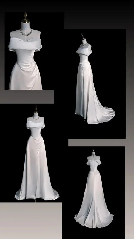 Sexy Off The Shoulder A-Line Satin Prom Dress White Wedding Dress Formal Party Evening Dress cc1544
