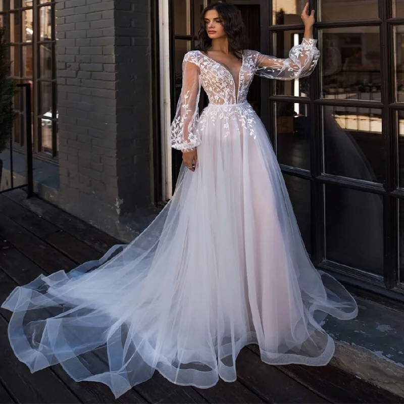 Cinessd Back to school Sexy Puff Sleeves V-Neck Wedding Dresses Cheap Tulle A-Line Bride Gowns Vestidos De Novia Princess Party Dresses 2022
