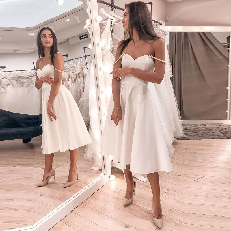 Cinessd Back to school Sexy Short Satin Wedding Dresses A-Line Off The Shoulder Pearls Ruched Corset Wedding Dress Tea Length Robe De Mariee