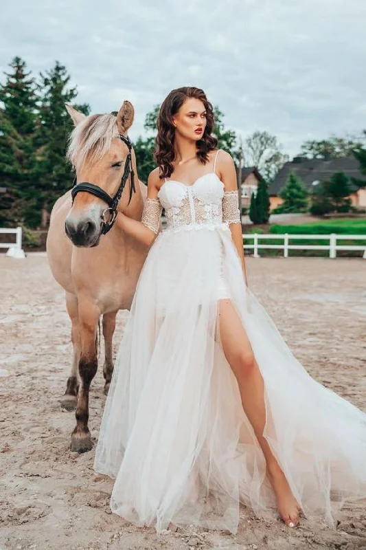 Sexy Spaghetti Straps Tulle Lace White Beach A-Line Wedding Dresses C1363