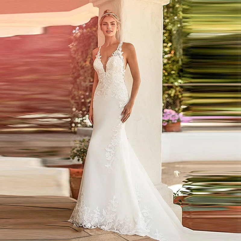 Cinessd Back to school outfit Sexy V-Neck Sleeveless Mermaid Wedding Dress For Women 2022 Boho Lace Appliques Open Back Floor Length Bridal Gown Customzie