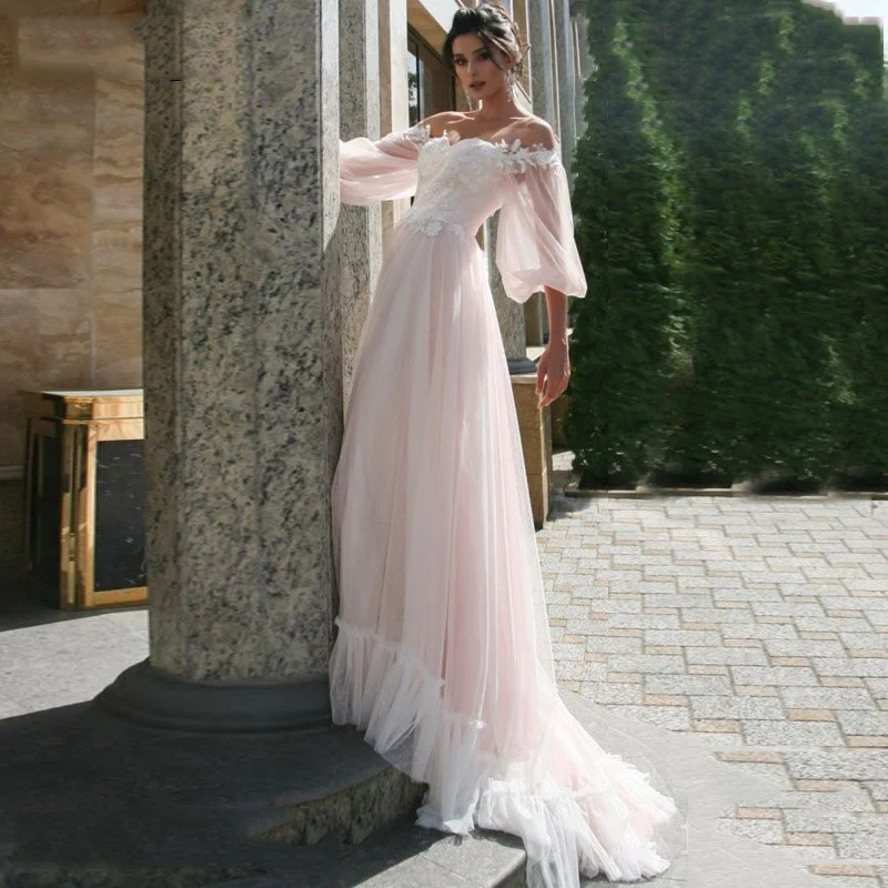 Cinessd Back to school Sexy Wedding Dress 2022 Puff Sleeves Off The Shoulder Cheap Tulle A-Line Bride Gowns Vestidos De Novia Princess Lace Appliques