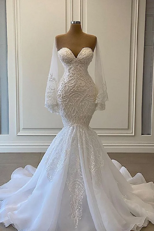 Sexy White Lace Mermaid Wedding Dresses Sweetheart ,Chic Prom Dress C1384