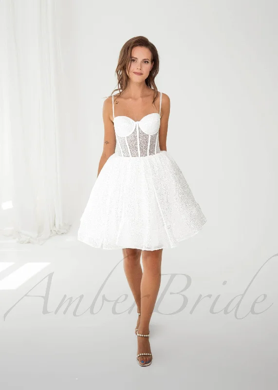 Short Glittery Tulle Knee Length Dress with Spaghetti Straps