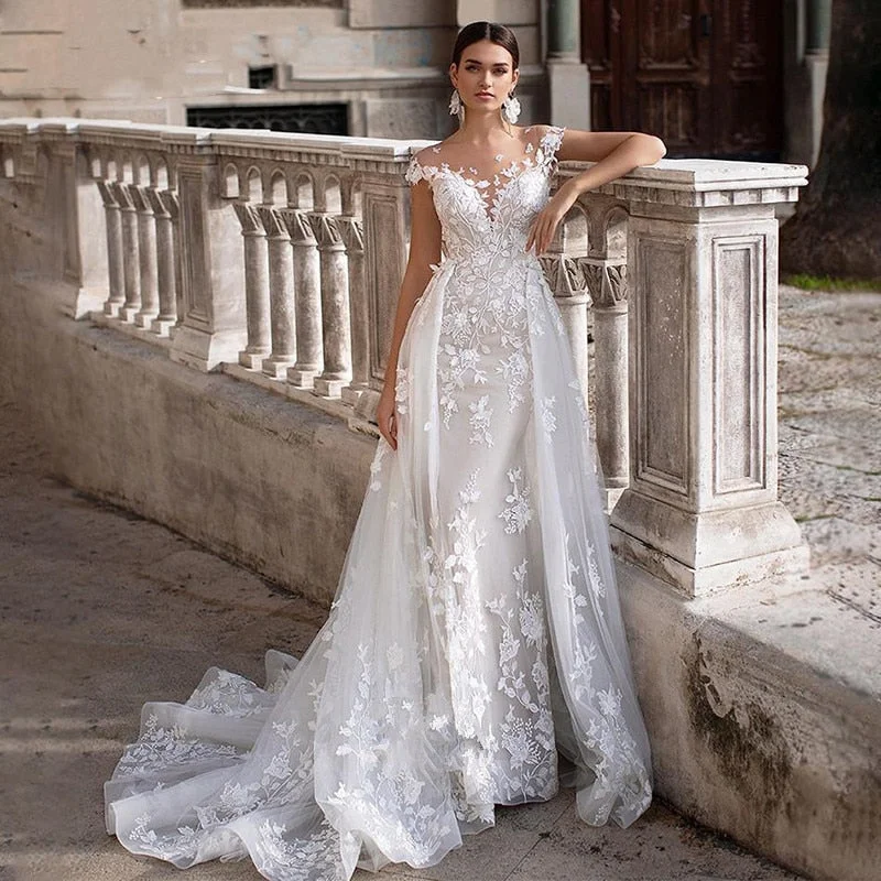 Cinessd Back to school outfit Short Sleeves Wedding Dresses 2021 Mermaid Froal Lace Appliques Detachable Train Bridal Gowns Elegant Backless Customize Made