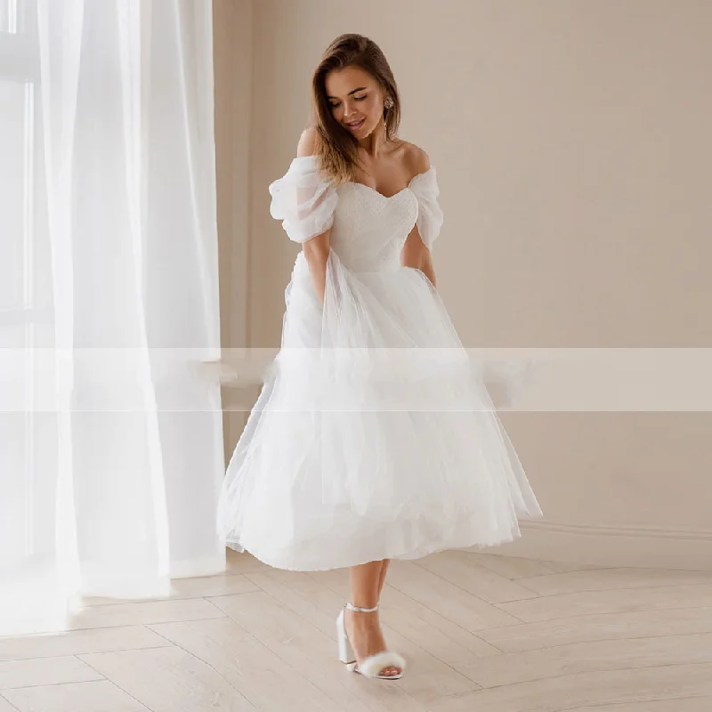 Cinessd Back to school outfit Short Tulle Princess Wedding Dress Tea Length Off Shoulder  Corset Lace Up Back Bridal Gown Customisze Civil Robe De Mariage