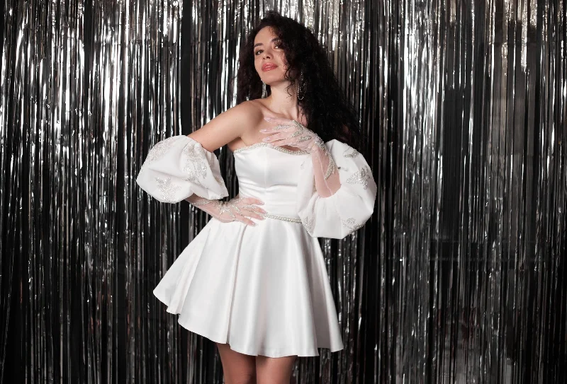 Short satin wedding dress with gloves