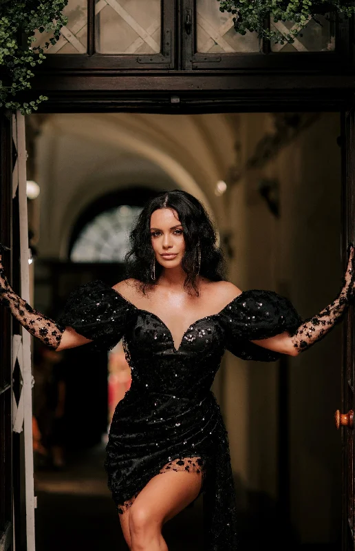 Black sequin wedding dress with puff sleeves and small train