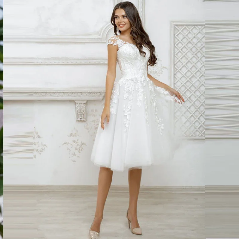 Cinessd Back to school outfit Short Wedding Dresses 2022 White For Women Cap Sleeve Lace Appliques Boho Bridal Dress Custom Made  Princess Cute Robe De Mariée