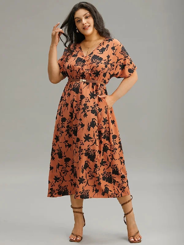 Silhouette Floral Print Surplice Neck Elastic Waist Dress