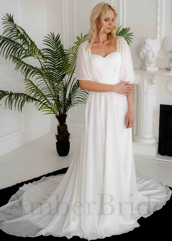 Simple A Line Chiffon Wedding Dress with Flutter Sleeves and Sweetheart Neckline