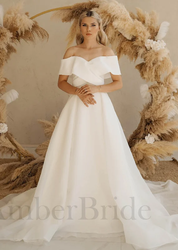 Simple A Line Off Shoulder Organza Wedding Dress with Detachable Train