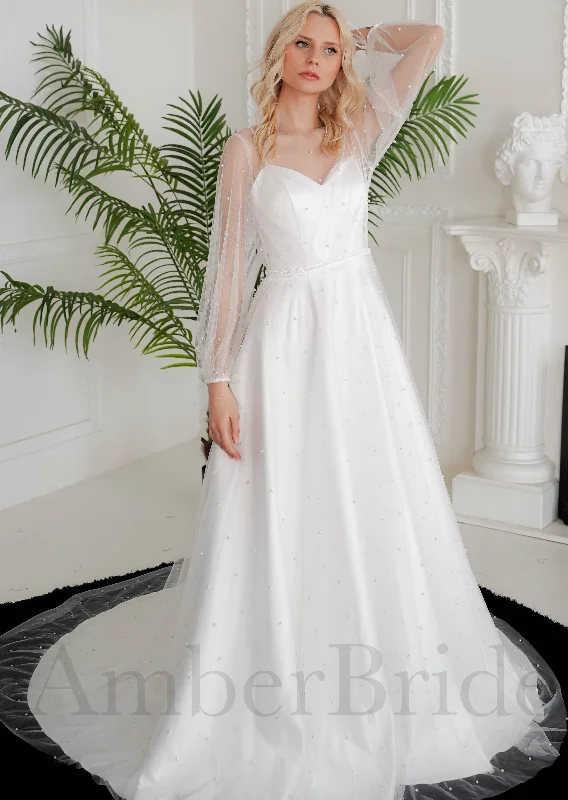 Simple A Line Satin Wedding Dress with Pearl Design and Long Sheer Sleeve
