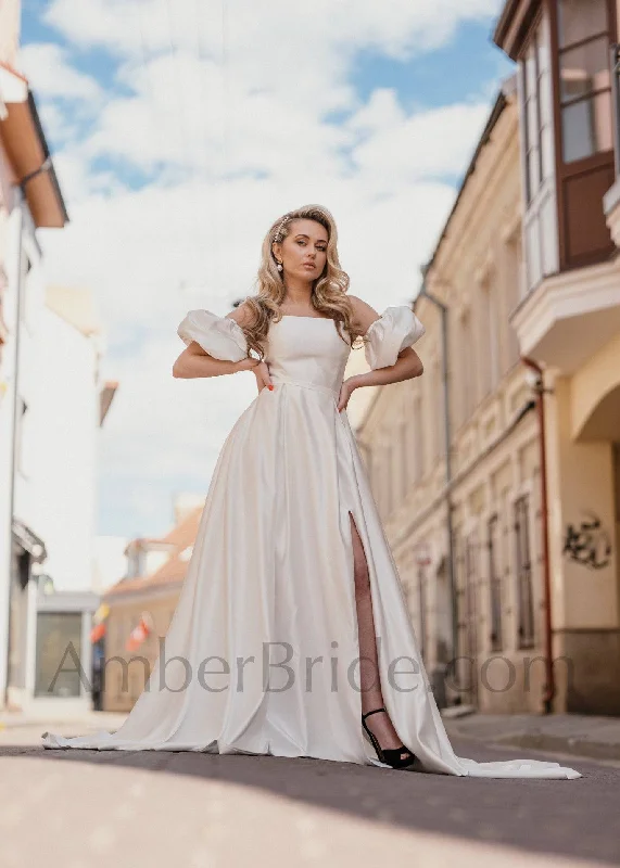 Simple A Line Strapless High Slit Satin Wedding Dress