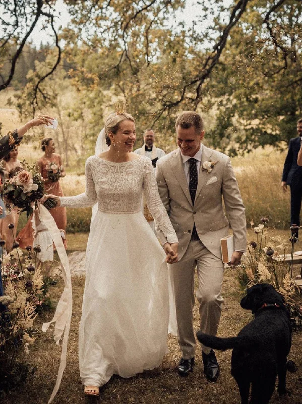Simple Lace Chiffon A-line Backless Wedding Dresses Country With Long Sleeves Gowns WD388 Simple Lace Chiffon A-line Backless Wedding Dresses Country With Long Sleeves Gowns WD388