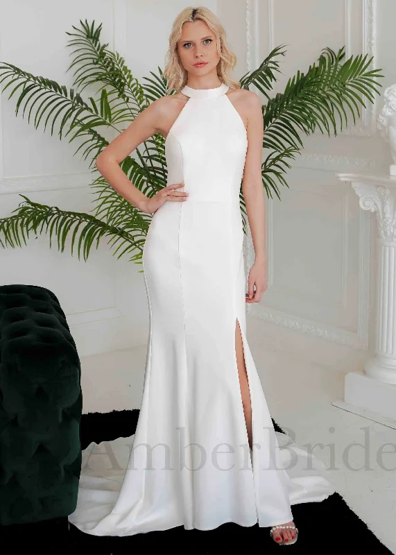 Simple Mermaid Satin Wedding Dress with Halter Neck and Backless Design