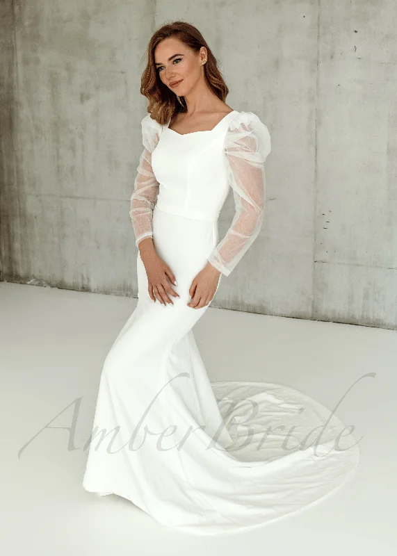 Simple Mermaid Satin Wedding Dress with Puffy Shoulders Long Sleeve