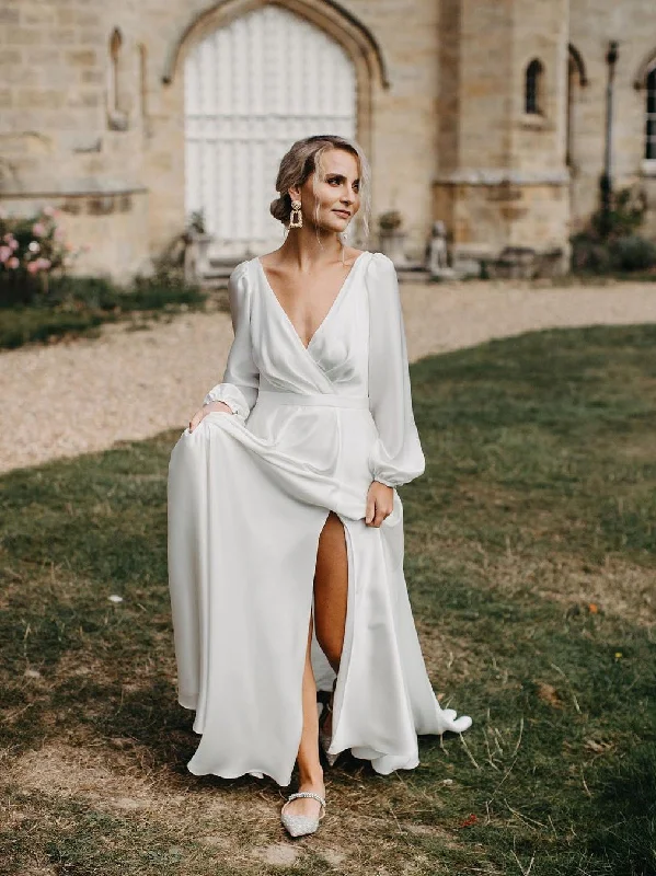 Simple Slit V-Neck Backless Satin Chiffon Wedding Dresses A-line Long Sleeves WD521 Simple Slit V-Neck Backless Satin Chiffon Wedding Dresses A-line Long Sleeves WD521