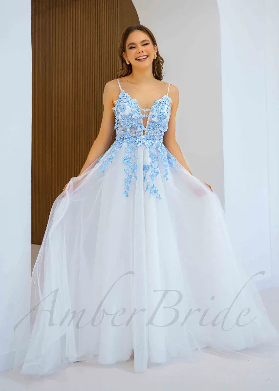 Sky Blue Floral Tulle Wedding Dress with Spaghetti Straps and Open Back