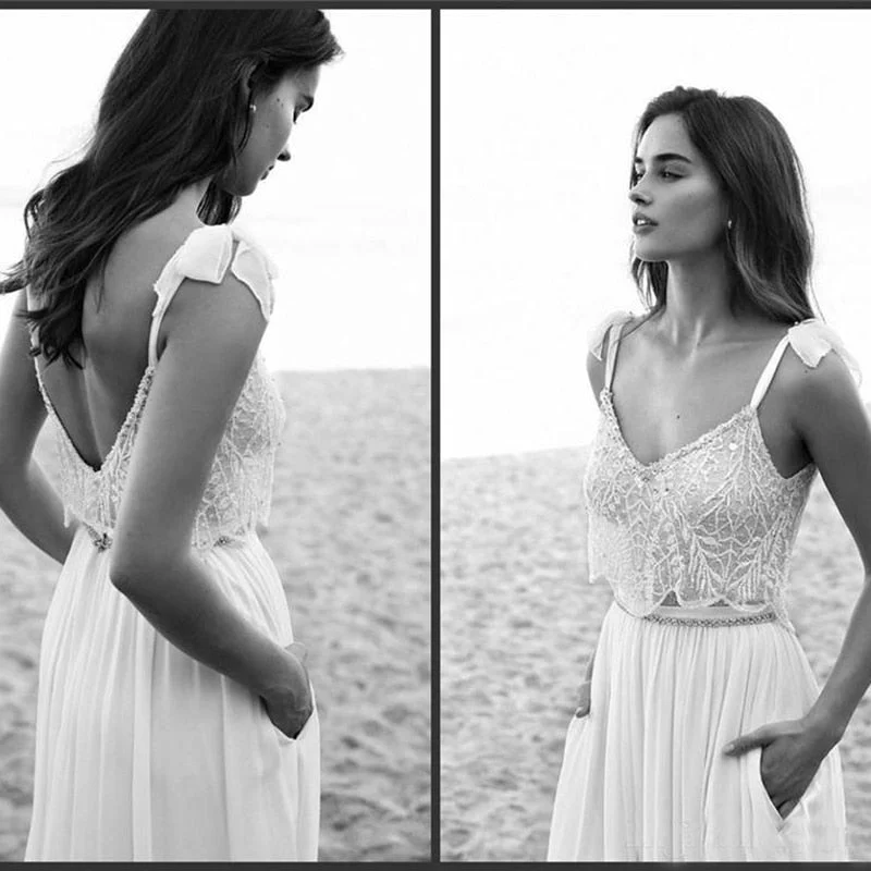 Cinessd Back to school Smileven 2 Piece Lace Boho Wedding Dress 2022 Spaghetti Neck Beads Backless Bride Gowns Sweep Train Beach Chiffon Wedding Dress