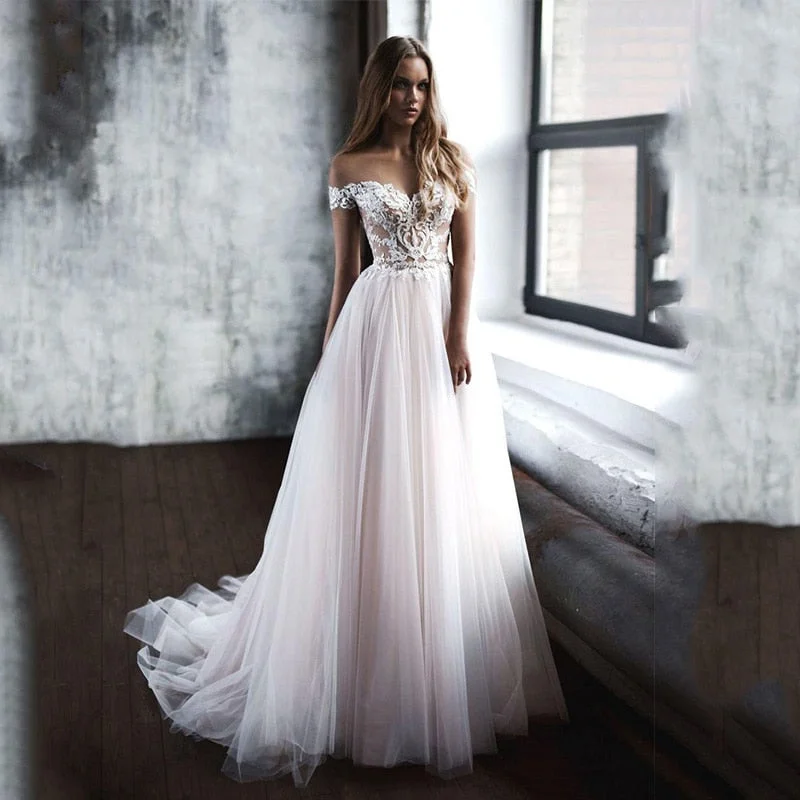 Cinessd Smileven A Line Wedding Dresses 2022 Nude Top Lace Boho Bride Gowns Robe De Mariee Wedding Gowns Custom Made