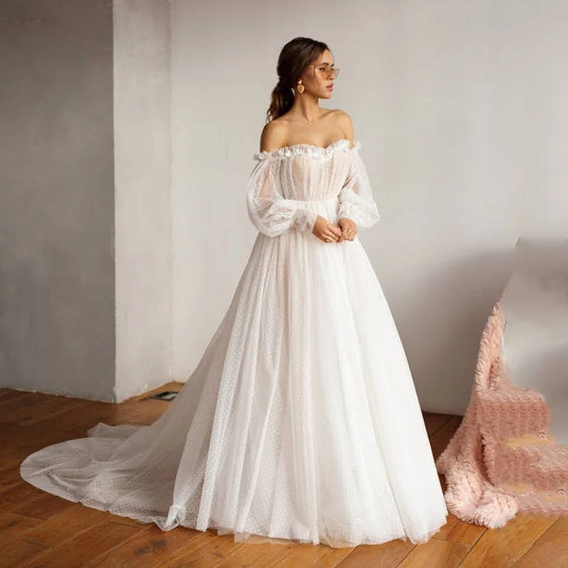 Cinessd Back to school Smileven Boho Wedding Dress 2022 Puff Sleeves Bridal Gowns Backless Off The Shoulder Vestido De Noiva Lorie Wedding Gowns