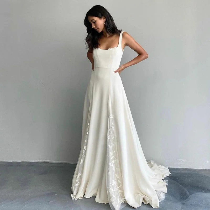 Cinessd Back to school Smileven Ivory Wedding Dress Soft Satin Square Neck Beach Bride Dresses Train Elegant Wedding Boho Bridal Gowns 2022