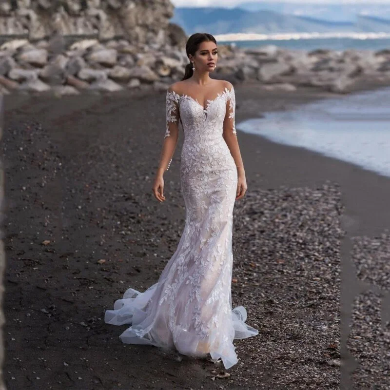 Cinessd Back to school Smileven Mermaid Wedding Dress Long Sleeves Boho Bridal Gowns Lace Appliques Robe De Soriee Turkey Wedding Gowns