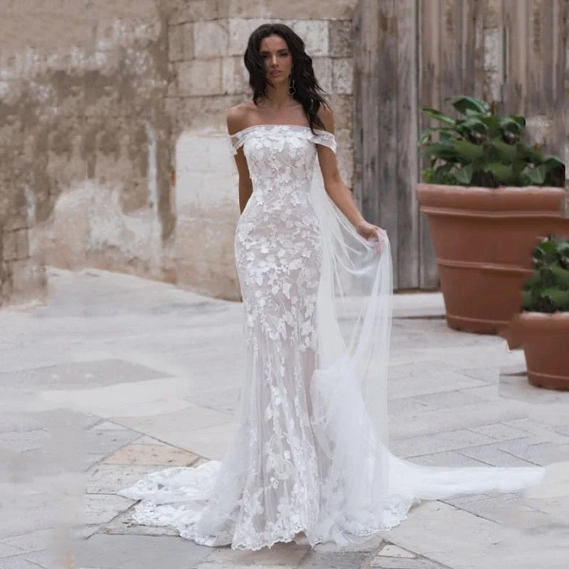 Cinessd Smileven Mermaid Wedding Dress Off The Shoulder Boho Bride Dresses Appliques Lace   Elegant Vestido De Noiva Wedding Gown