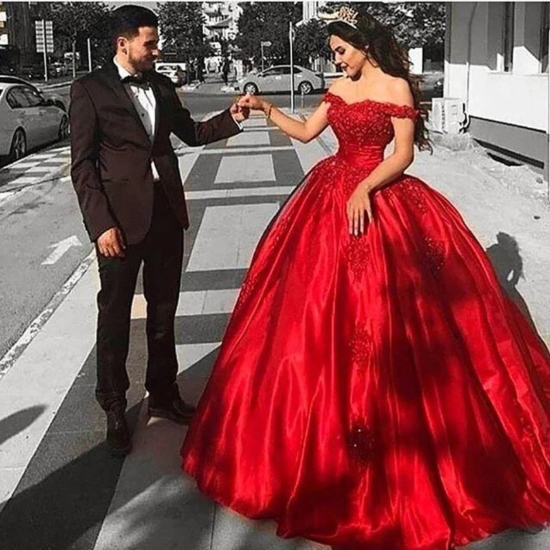 Cinessd Back to school Smileven Red Ball Gown Wedding Dress Lace Bridal Dress Off The Shoulder Sexy Lace Up Back Wedding Gowns Floor Length