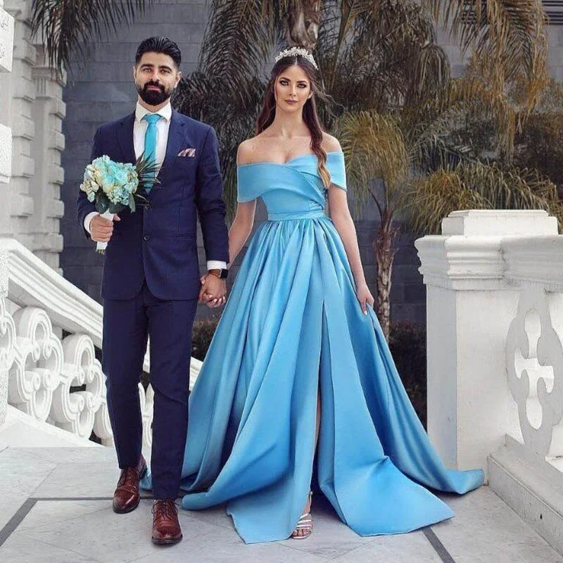 Cinessd Back to school Smileven Satin Princess Wedding Dresses 2022 Off The Shoulder High Split Wedding Bride Gowns  Vestido De Noiva