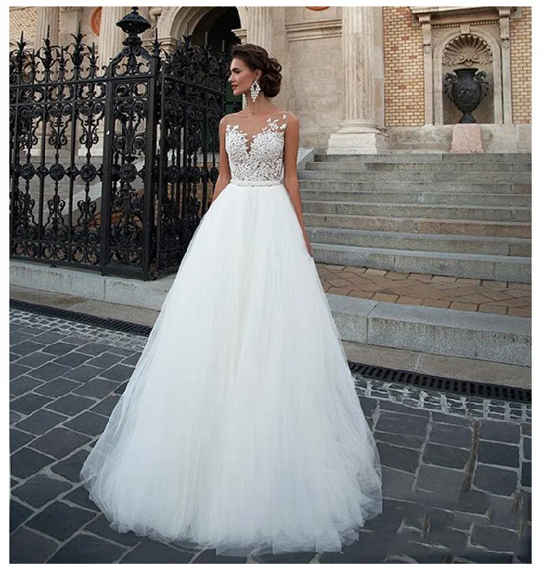 Cinessd Back to school Sodigne Sleeveless Wedding Dress 2022 Beach Bridal Gown Tulle Lace Appliques Wedding Dresses White/Lvory Romantic Buttons